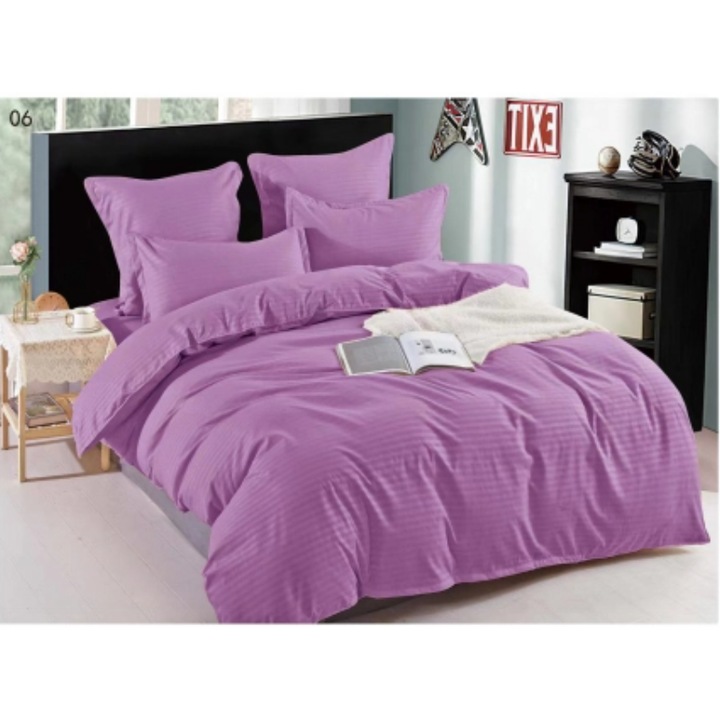 Lenjerie de pat Damasc, 100% bumbac, 6 piese, uni, mov, SH-D06, cearsaf de pat 220x240cm, cearsaf pilota 200x230cm (cu fermoar), fata de perna 50x70cm-2 bucati, fata de perna 80x80cm-2 bucati