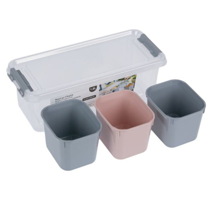 Recipient pentru transport si depozitare alimente, cu capac, 3 separatoare, gri/roz, plastic, transparent, 1.8l, 11,3x27,3x9cm