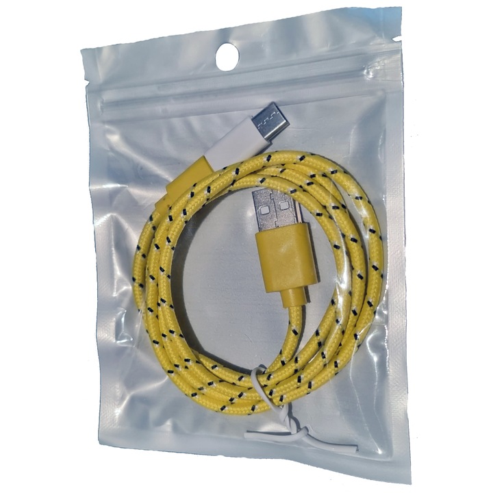 Cablu de incarcare si transfer de date Premium 3.1A USB-Type C Datamaxx lungime 1 metru fast charging pentru telefon/tableta Android sau laptop, conector USB, conector USB-C, conector Micro USB incarcare rapida galben invelis din compozit de nailon