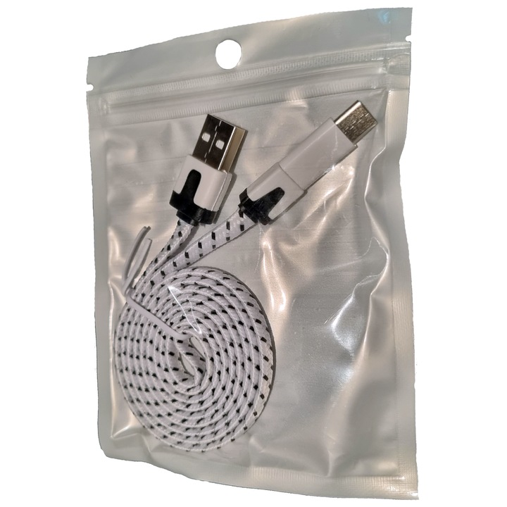 Cablu de incarcare si transfer de date Premium 3.1A USB-Type C Datamaxx plat lungime 1 metru fast charging pentru telefon/tableta Android sau laptop, conector USB, conector USB-C, incarcare rapida alb invelis din compozit de nailon