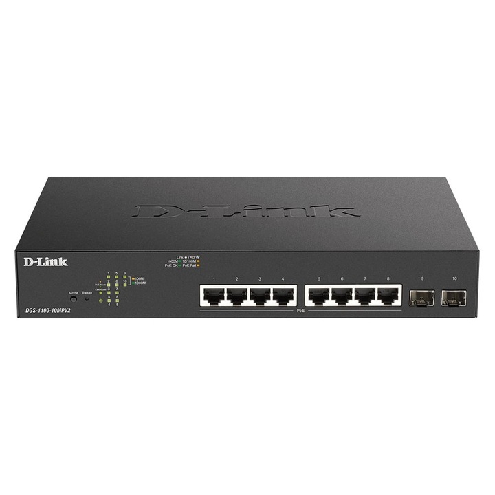 Switch PoE D-LINK Smart 8 porturi Gigabit (8 PoE) + 2 porturi SFP - DGS-1100-10MPV2/E