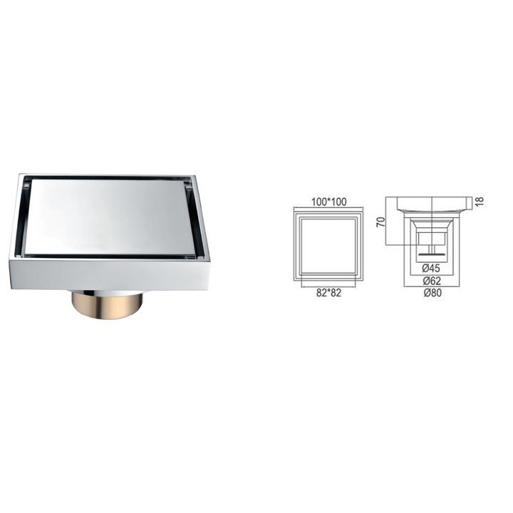 Sifon pardoseala, Anti-miros, alama, Crom, 100x100 mm iesire verticala 45 mm