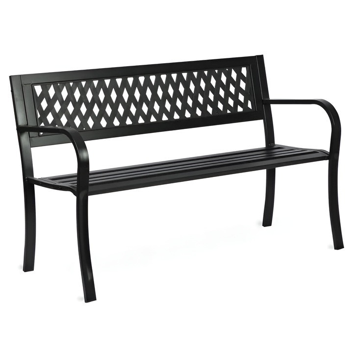 Banca de Gradina IdealStore Garden Collections, Spatar cu Model, Cadru din fier, Lemn de Plop, Dimensiune 125 x 77 x 49 cm, Perfect Pentru Seri Relaxante, Negru