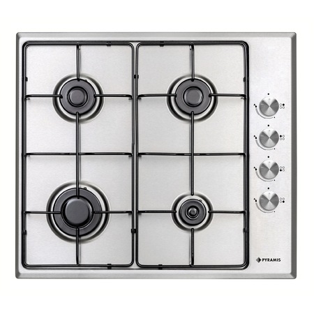 Plita gaz Pyramis PG60V 4G40 4002, 58x51 cm, 4 arzatoare, gratare si capace arzatoare email, butoane laterale, finisaj inox