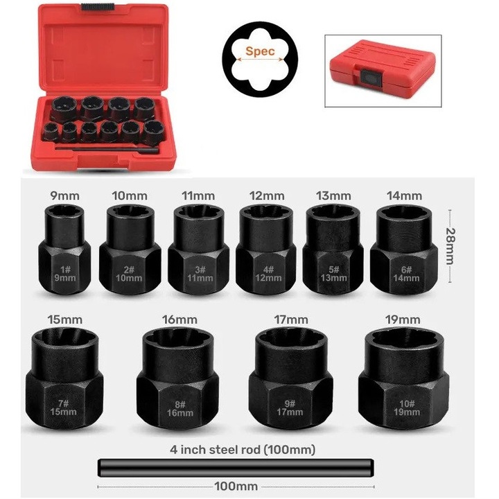 Set extractoare suruburi, prezoane rupte si piulite deteriorate, 11 ...