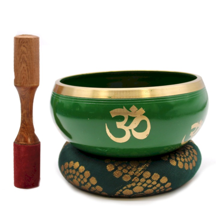 Set bol tibetan cantator, cu percutor lemn, perna, Copacul Vietii, verde, ∅ 14 cm