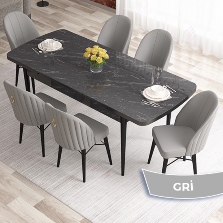 Set Masa Extensibila cu 6 scaune, Modella Elf Gri cu masa negru