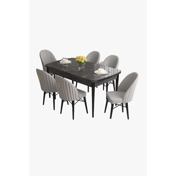 Set Masa Extensibila cu 6 scaune, Modella Elf Gri cu masa negru
