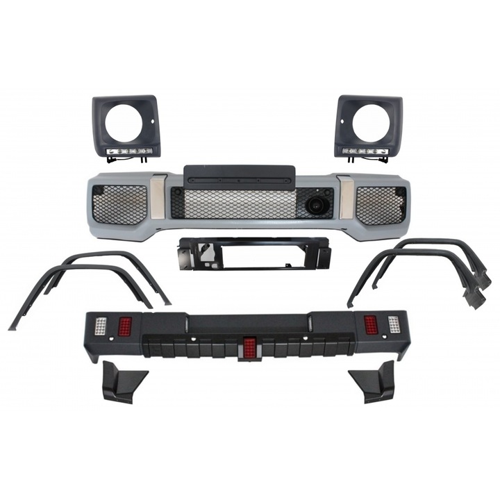 Pachet Exterior compatibil cu Mercedes G-Class W463 1989-2018 G63 G65 Design cu Prelungiri Aripi Extensii si Carcasa faruri cu Lumini de zi dedicate LED DRL