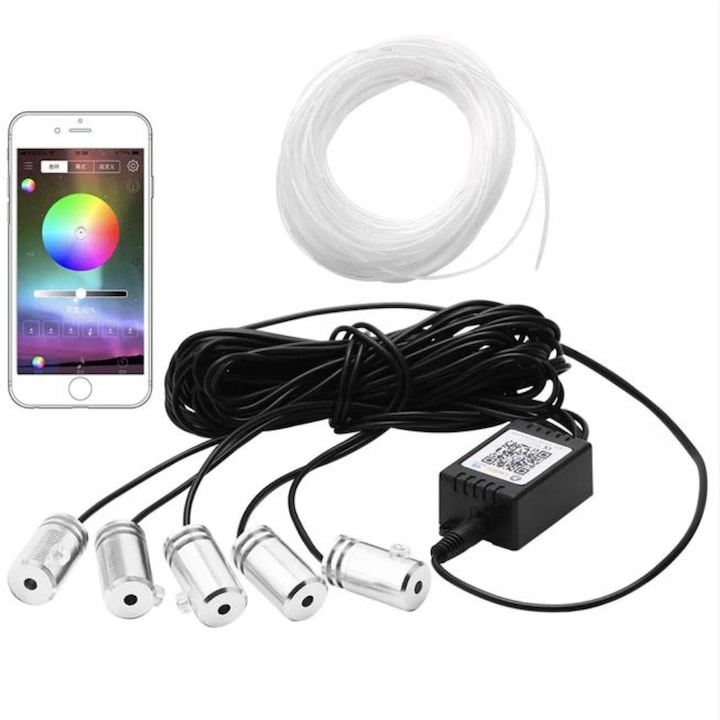 Banda LED Auto AZeira, 6 M, RGB, 5 surse de lumina ambientale cu APP Bluetooth si telecomanda, compatibila IOS si Android, control vocal al masinii, multicolora