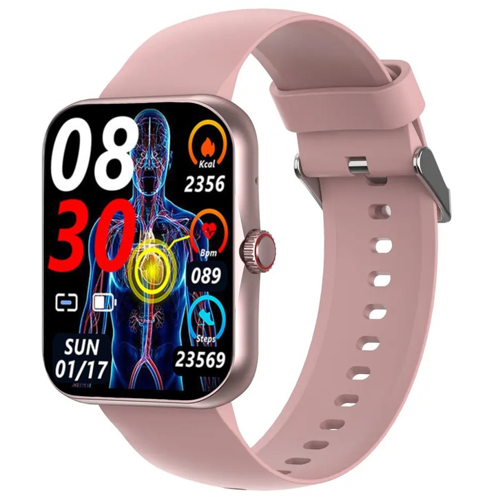 Часовник SmartWatch ISP LikeSmart™​​​​​​​ Sharp FiT PRO, 1.83", Bluetooth разговор, SpO2 оксиметър, меню на румънски език, известия за обаждания и социални мрежи, мониториране на сърдечната честота и кръвното налягане, розова силиконова каишка Sharp