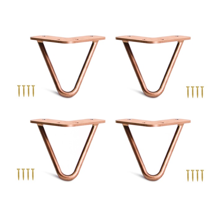 Set 4 picioare masa Hairpin, vopsite electrostatic, inaltime 10 cm, 2 brate, profil diametru 10 mm, otel, cupru, kit montaj inclus