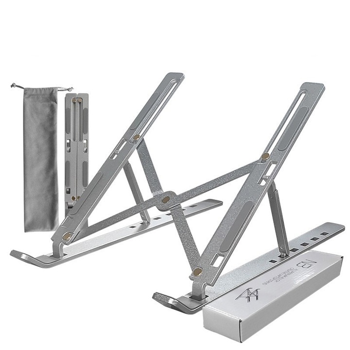 Suport Laptop/tableta universal, Pliabil /Ajustabil in 6 Trepte, Non-Alunecos, Portabil, Aluminiu /silicon, Design minimalist, Ergonomic, Gri, LEAXOR ®