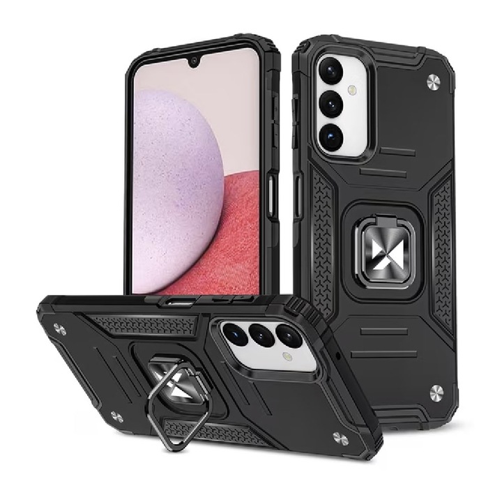 Кейс за Samsung Galaxy A14 5G, армейски щит, хибридна структура, ултра издръжлив, 360° магнитен опорен пръстен, Optim Solution, титаниево черно