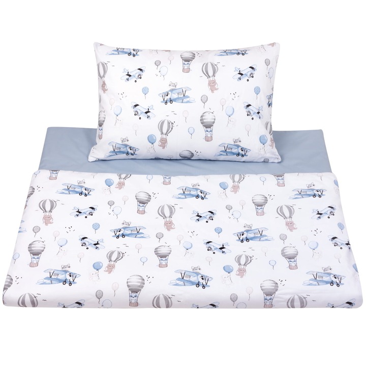 Lenjerie de pat, Jukki, Bumbac, 135x100/60x40CM, Alb/Albastru