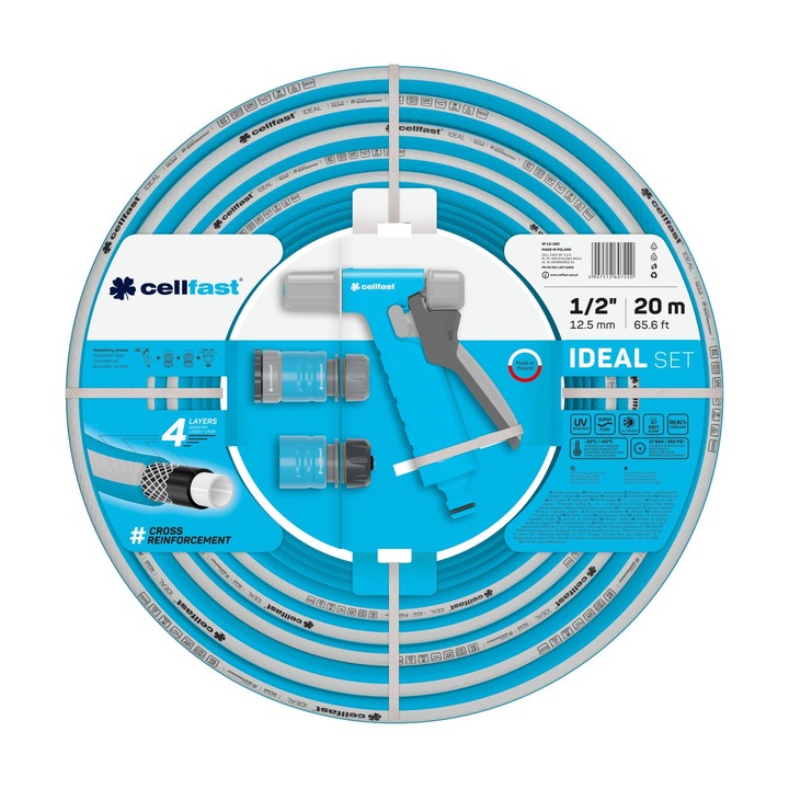 Set furtun pentru gradina 20 m Cellfast IDEAL, lungime 20 m, diametru 1/2, 4 straturi, protectie UV, antirasucire, contine: furtun + pistol stropire + conectori