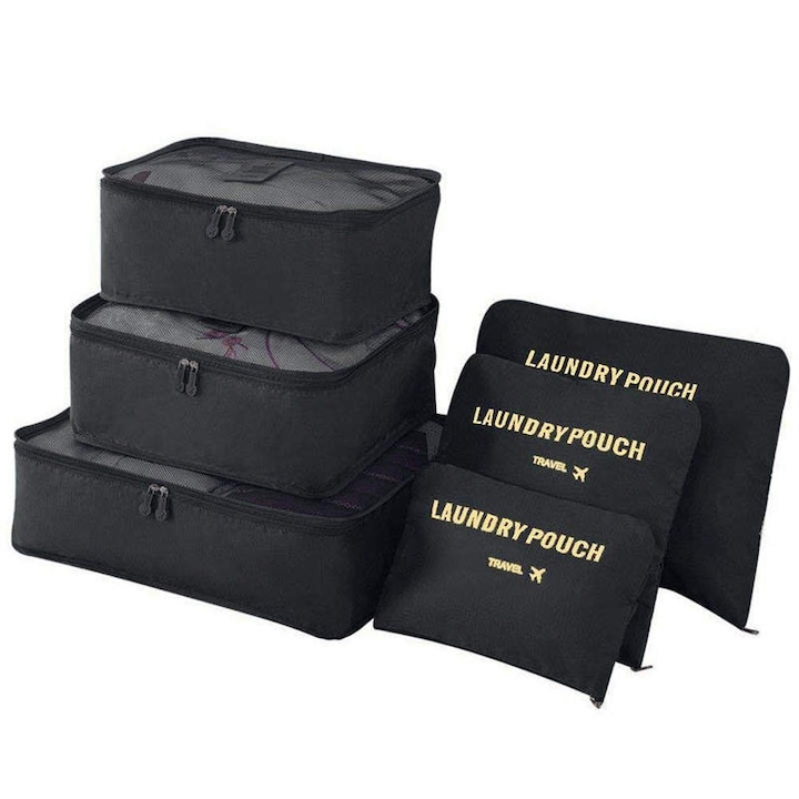 Органайзер за багаж от 6 части, Tecos, различни размери, идеален за количка или куфар, черен