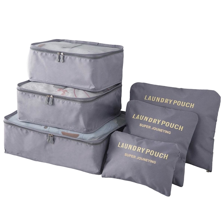 Органайзер за багаж от 6 части, Tecos, различни размери, идеален за количка или куфар, сив