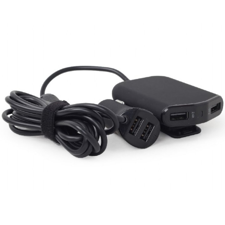 Зарядно устройство за кола Gembird, 4 x USB, 1.8 м, Максимум 9.6A, Черен, EG-4U-CAR-01