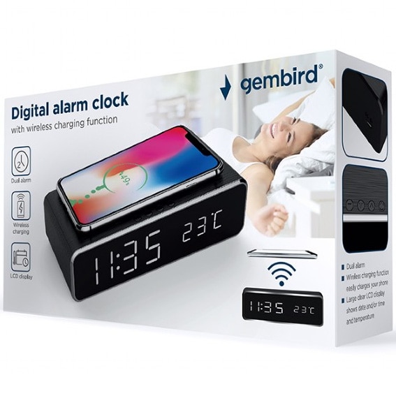 Ceas digital + alimentator wireless Gembird, display LCD ora/data/alarma/temperatura, Negru, DAC