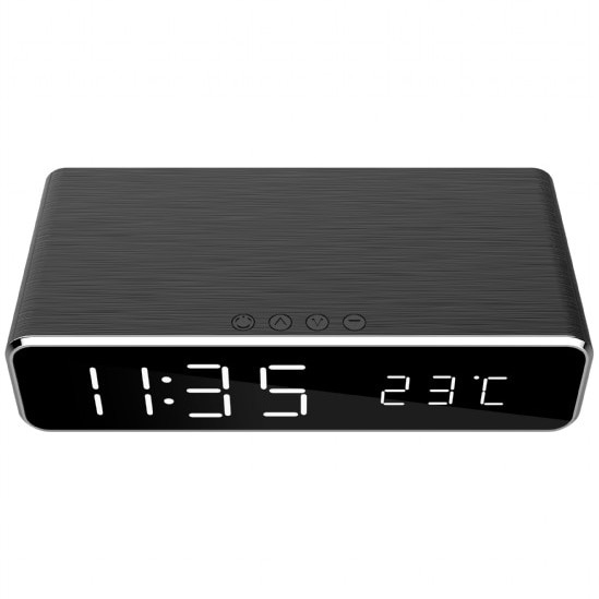 Ceas digital + alimentator wireless Gembird, display LCD ora/data/alarma/temperatura, Negru, DAC-WPC-01