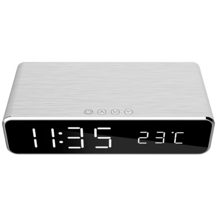 Цифров часовник + безжично захранване Gembird, LCD дисплей час/дата/аларма/температура, сребро, DAC-WPC-01-S