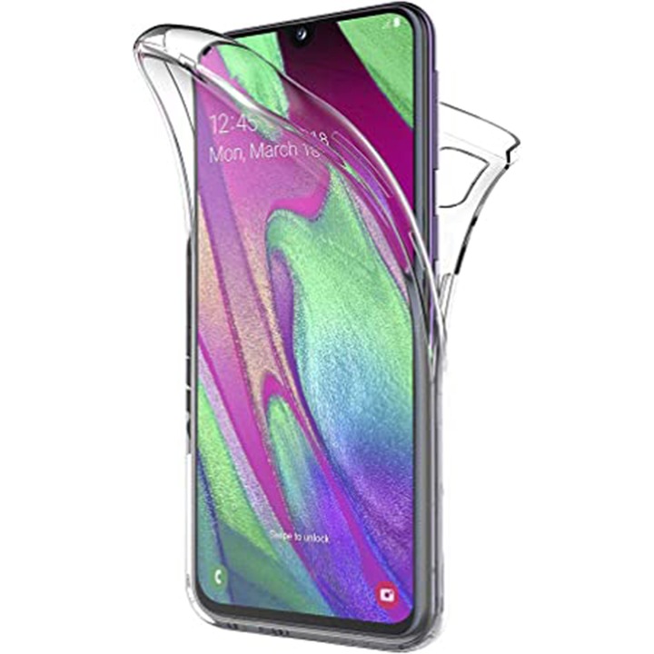 Full Cover 360 Degree tok kompatibilis a Samsung Galaxy A40 készülékkel, teljes védelem (elöl, hátul, oldalak), sárgásgátló, hibrid ütésálló, polikarbonát és szilikon