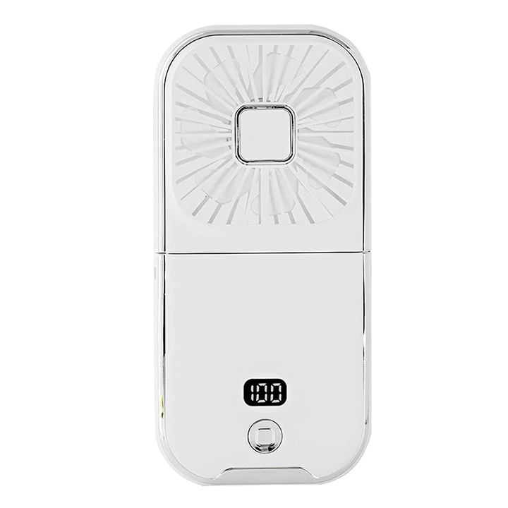 Hordozható nyakventilátor, USB újratölthető, digitális kijelző, 3000 mAh, 180°-ban összecsukható, 4 sebesség, fehér