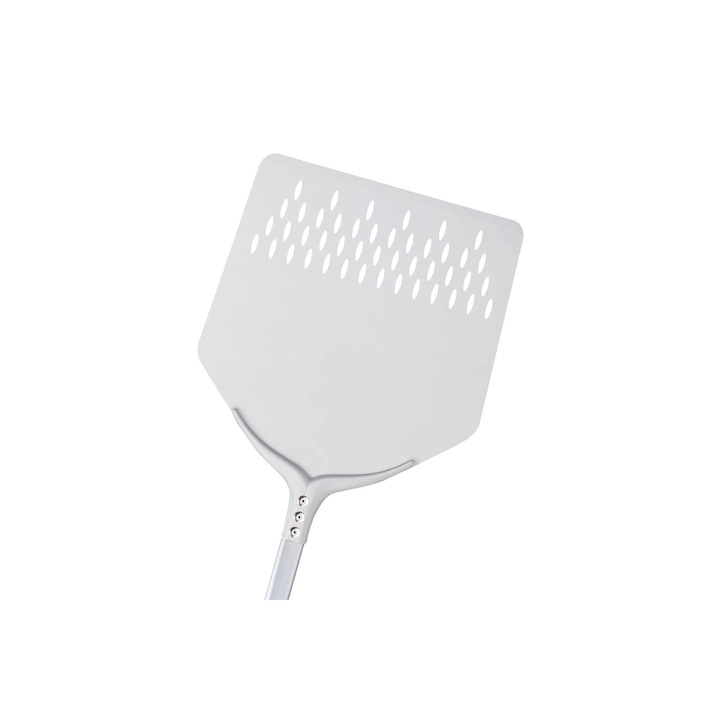Paleta pentru pizza, dreptunghiulara, perforata, colectia Smart, din tabla aluminizata, dimensiuni 33x33 cm, lungime coada 150 cm