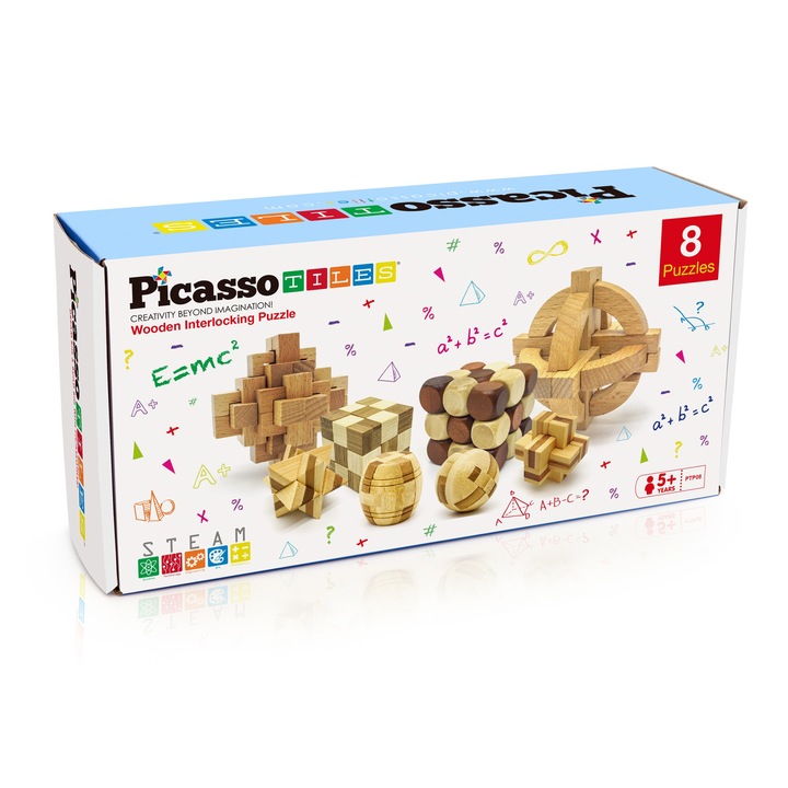 Puzzle logic din lemn PicassoTiles, cutie cu 8 bucati de tipuri diferite