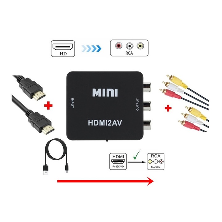 Конвертор 1Tech HDMI към AV, Адаптер, Преходник, Full HD, HDMI цифров към 3xRCA чинчове+Кабел 3RCA-3RCA+Кабел HDMI-HDMI