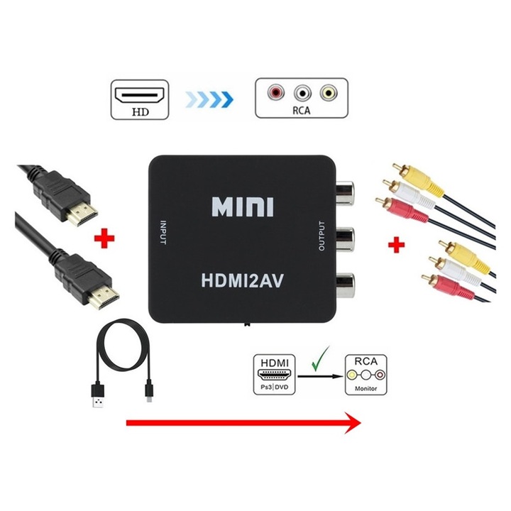 Конвертор 1Tech HDMI към AV, Адаптер, Преходник, Full HD, HDMI цифров към 3xRCA чинчове+Кабел 3RCA-3RCA+Кабел HDMI-HDMI