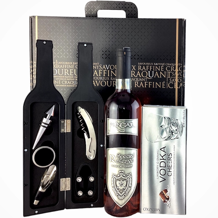 Set cadou pentru barbati Princiar, cu vin nobil, accesorii pentru vin in cutie in forma de sticla, praline si cutie pentru cadouri Deluxe