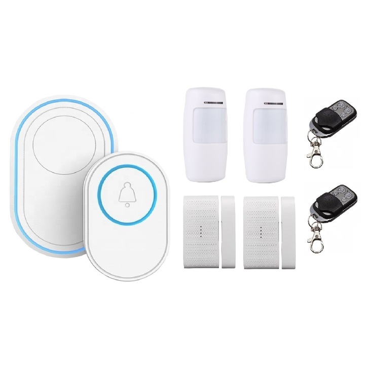 Kit securitate, sonerie inteligenta WiFi, Tuya, Smart Life, 2xdetector miscare, 2xsenzor magnetic si telecomanda