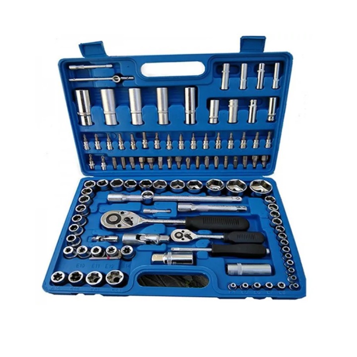 Set trusa 108 piese, tubulare in 6 colturi cromate cu chlichet si adaptoare, 1/2" - 1/4"