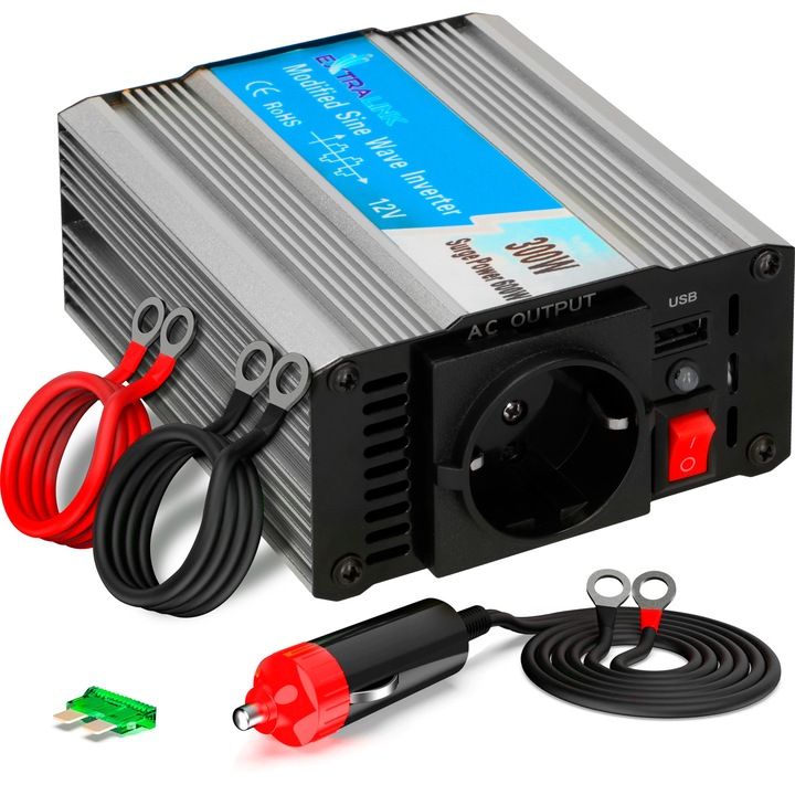 Преобразувател на напрежение, Extralink OPIM-300W, 12V - 230V, USB, Modified Sine, Универсален, Многоцветен