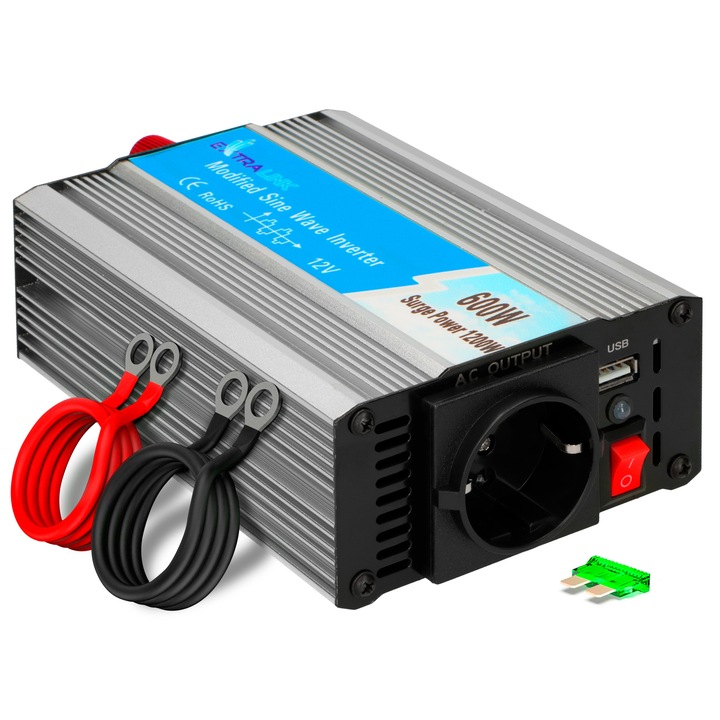 EXTRALINK инвертор 12V на 230V, чист синус 300W 600W пик, преобразувател на напрежение с USB, вентилатор и 4-кратна защита за автомобил, кемпер, лодка, къмпинг, чувствителни устройства