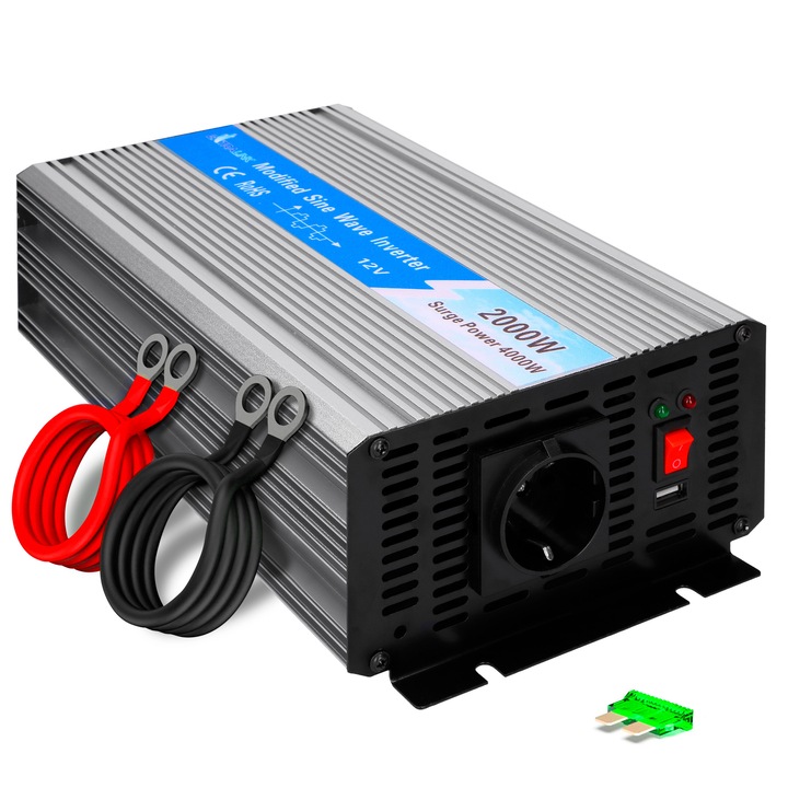 Преобразувател на напрежение, Extralink OPIM-2000W, 12V - 230V, USB, Modified Sine, Universal, Multicolor