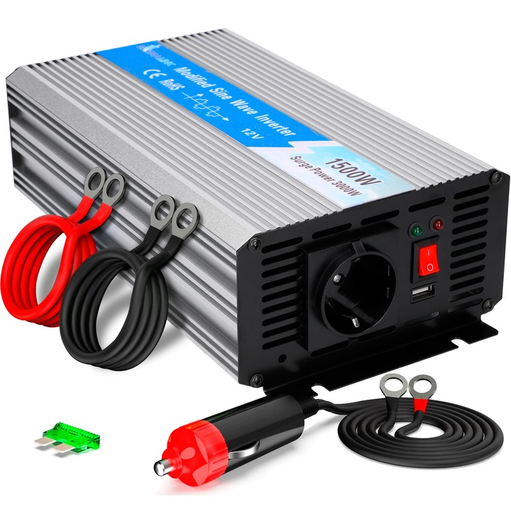 Feszültség átalakító, Extralink OPIM-1500W, 12V - 230V, USB, Modified Sine, Univerzális, Többszínű