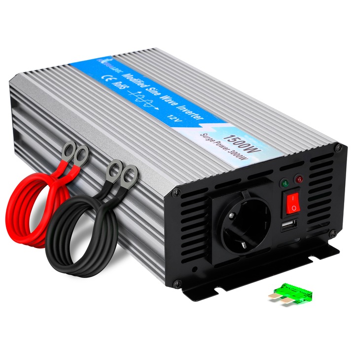 Extralink Инвертор 12V до 230V Modified Sinsus 1500W 3000W пикова мощност преобразувател на напрежение с USB, вентилатор и 4-кратна защита - за автомобил, кемпер, лодка, къмпинг