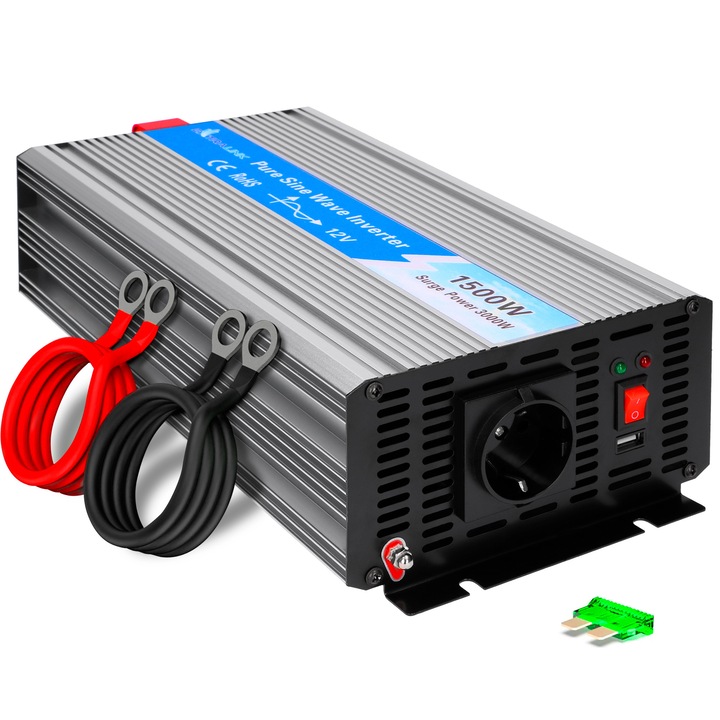 Инвертор 12V до 230V чист синус 1500W 3000W пиков преобразувател на напрежение с USB, вентилатор и 4-кратна защита - за автомобил, кемпер, лодка, къмпинг