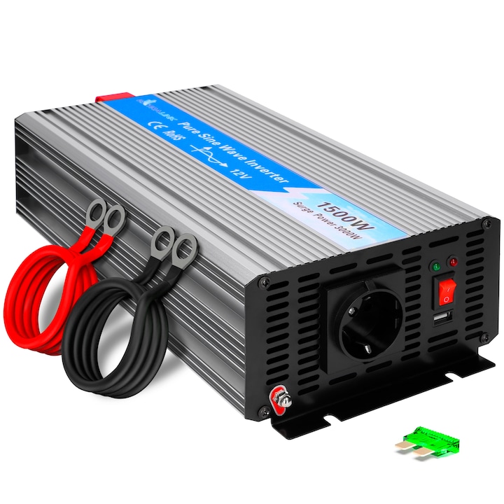 Инвертор 12V до 230V чист синус 1500W 3000W пиков преобразувател на напрежение с USB, вентилатор и 4-кратна защита - за автомобил, кемпер, лодка, къмпинг