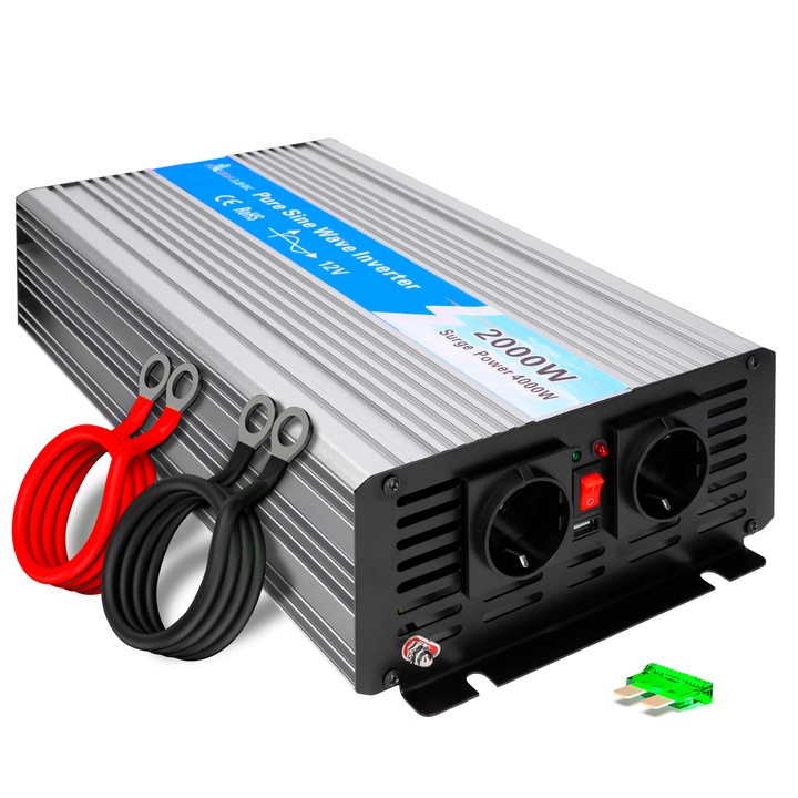 Преобразувател на напрежение, Extralink OPIP-2000W, 12V - 230V, USB, Pure Sine, Universal, Multicolor