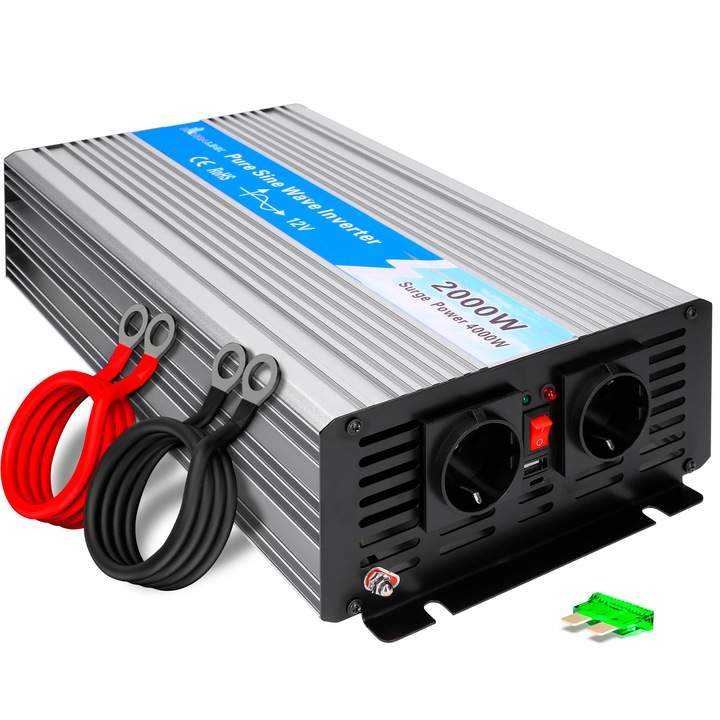 Feszültség átalakító, Extralink OPIP-2000W, 12V - 230V, USB, tiszta szinuszos, Univerzális, Többszínű