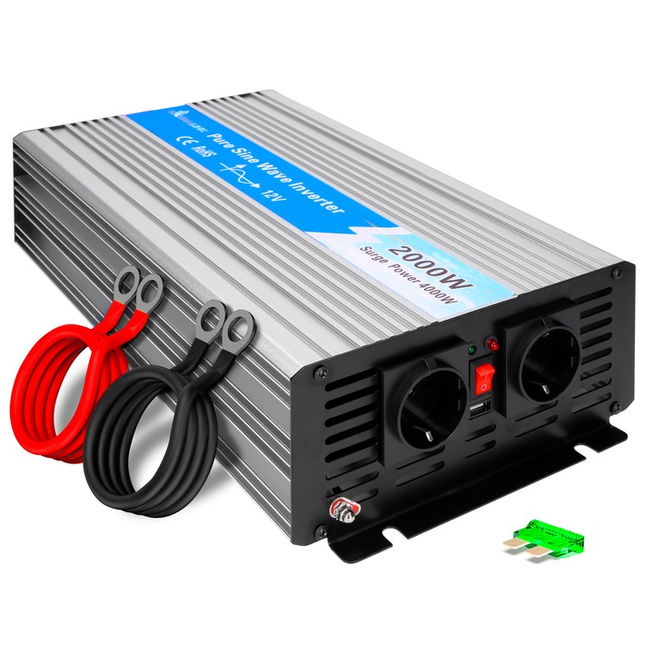 Convertor de tensiune, Extralink OPIP-2000W, 12V - 230V, USB, Sinusul pur, Universal, Multicolor