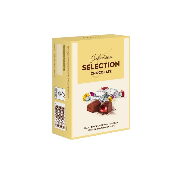 Praline daneze cu trei arome Selection - martipan/caramel/capsuni, Jakobsen, 140 g