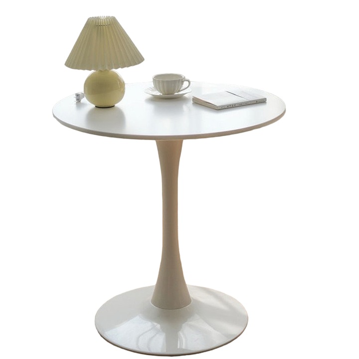 Masa laterala rotunda pentru cafea, minimalista si eleganta, alb lucios, picior si baza metalica, MDF, 60X74X50 CM, LEXI