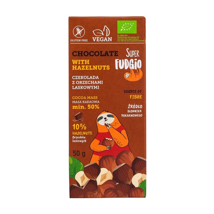 Ciocolata vegana cu alune de padure, Super Fudgio, 50 g