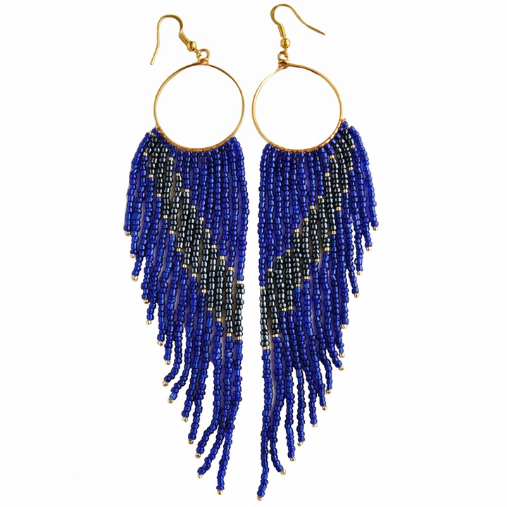 Cercei lungi din margele, CatE, sticla, albastru/gri/auriu, 15.5 x 3.1 cm, handmade