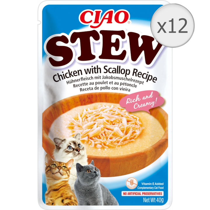 Hrana umeda pentru pisici CIAO Stew, Pui si Supa Scoici, 12 x 40g